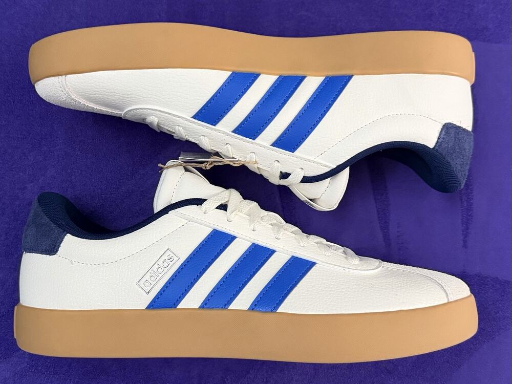 adidas men VL Court 3.0 Shoes White And Blue Leather/ Gum Sole Size 11. BNIB